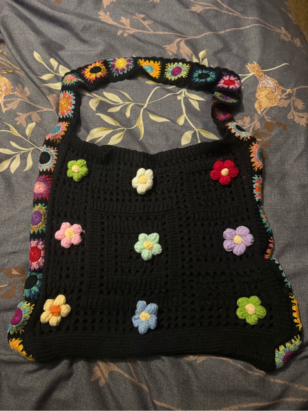 Black Crochet Tote with Multicolor Floral Appliqués